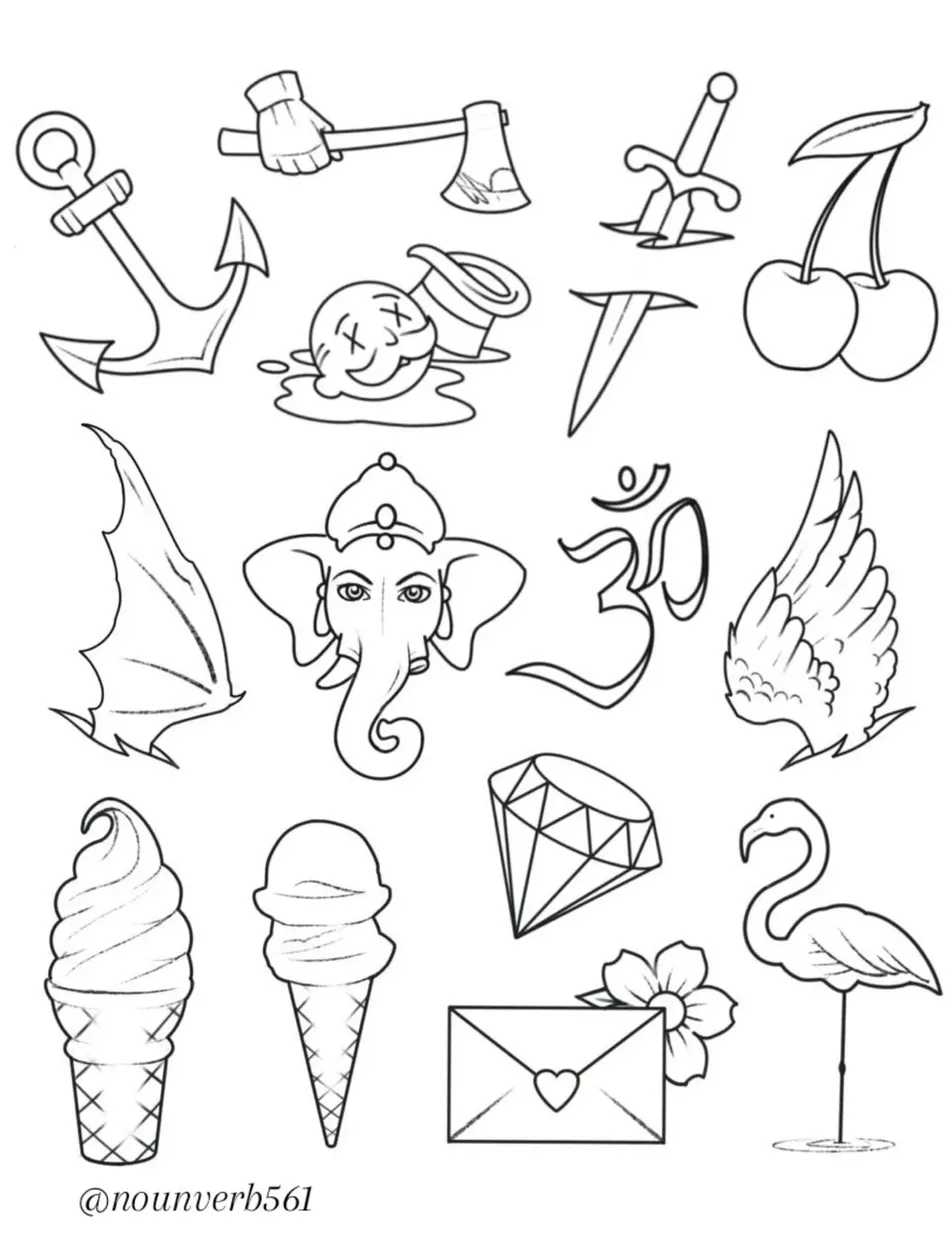 Flash design sheet of hand drawn tattoo designs by Phil Carlucci of TBA Tattoos, including an anchor, an elephant, a flamingo and a skull