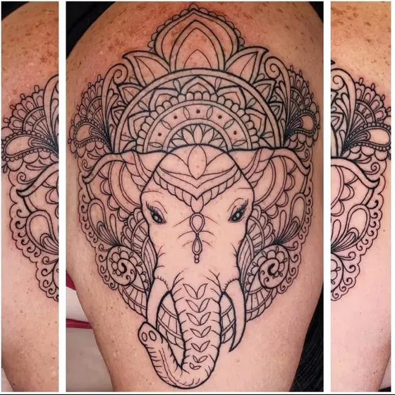 Ornamental line work tattoo of an elephant with mandala patterns on a client's thigh, tattooed at TBA Tattoos