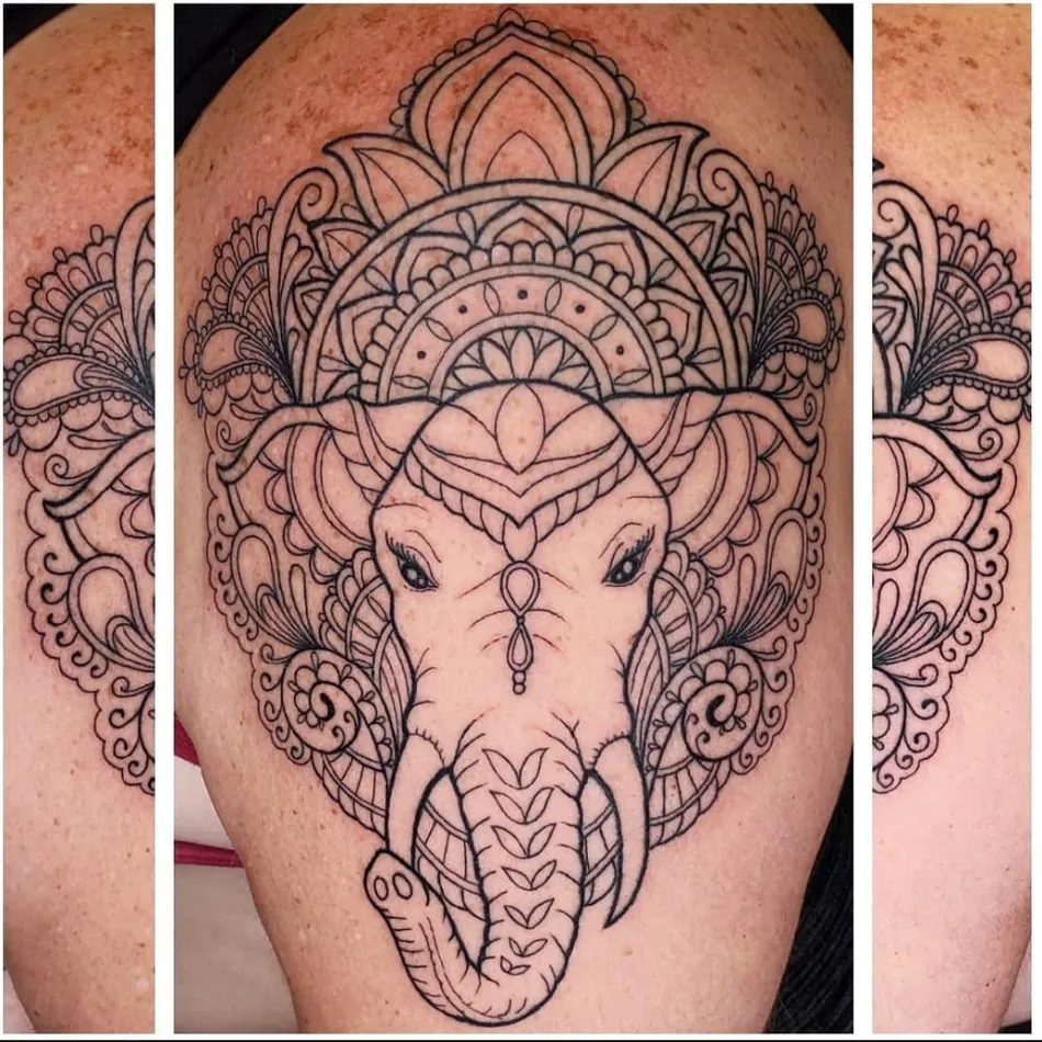 Ornamental line work tattoo of an elephant with mandala patterns on a client's thigh, shown in three detail views, tattooed at TBA Tattoos in West Palm Beach